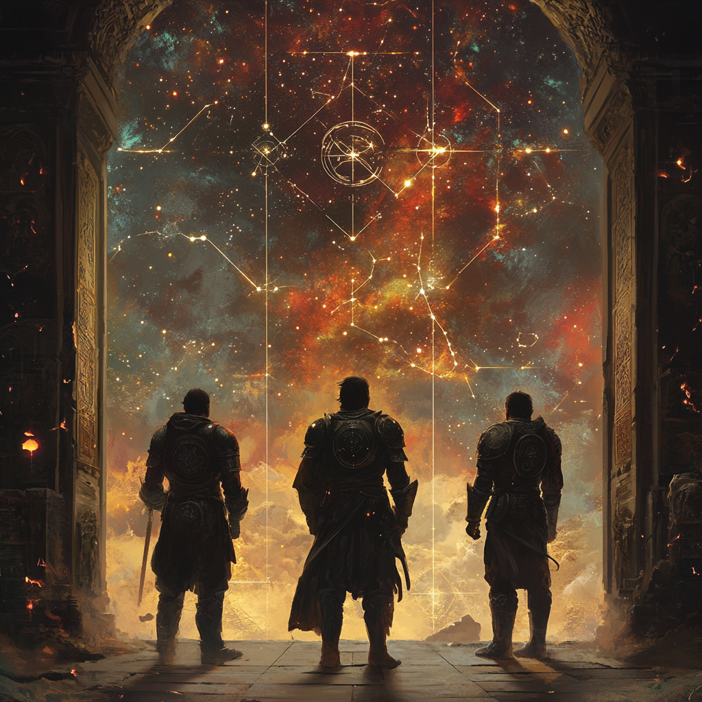 The Three Knights Amidst Celestial Portals