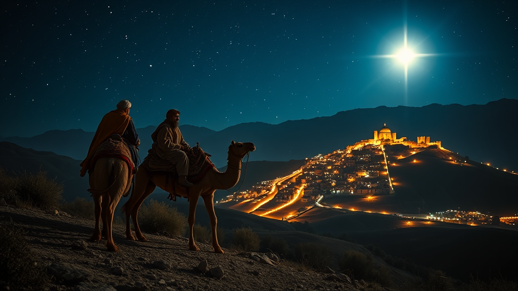The Three Wise Men Approaching Bethlehem under Starry Sky