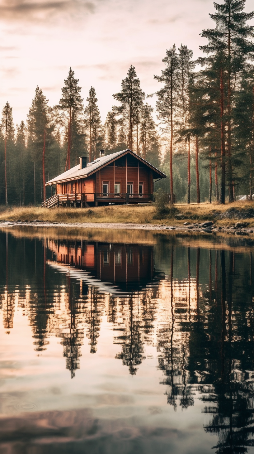 The Tranquil Finnish Landscape with Lakeside Cabins