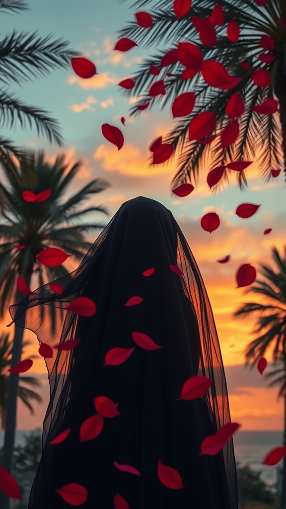 The Veiled Woman Amidst Windy Rose Leaves at Sunset