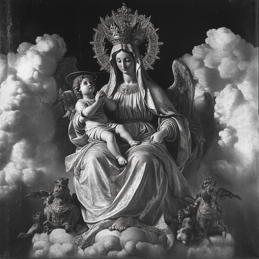 The Virgin Mary Holding Baby Jesus on Cloud Throne