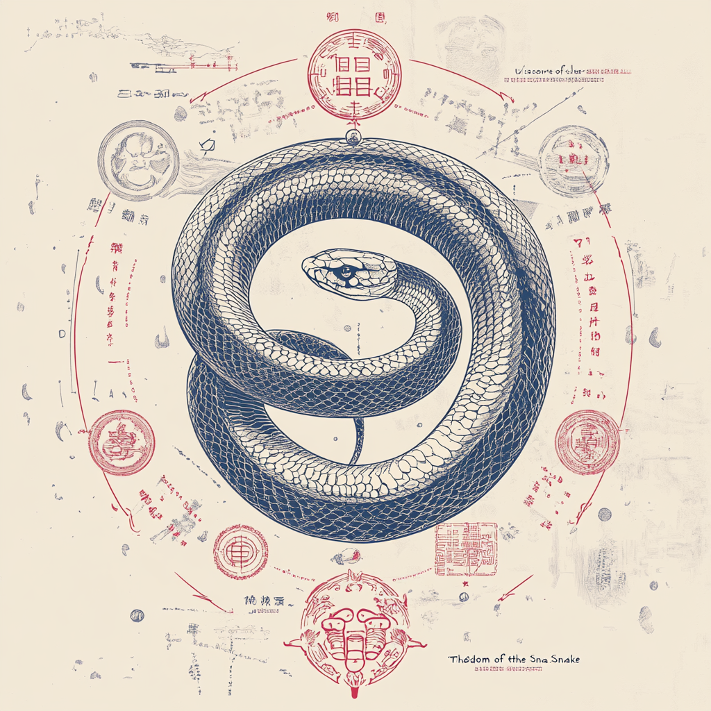 The Wise Snake: Chinese symbols, muted colors, linework