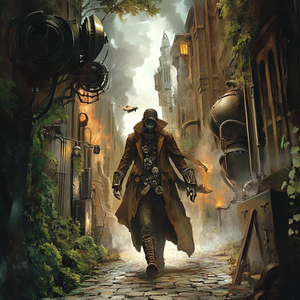 The Wise Steampunk Strategist on Steamy Cobblestone Path