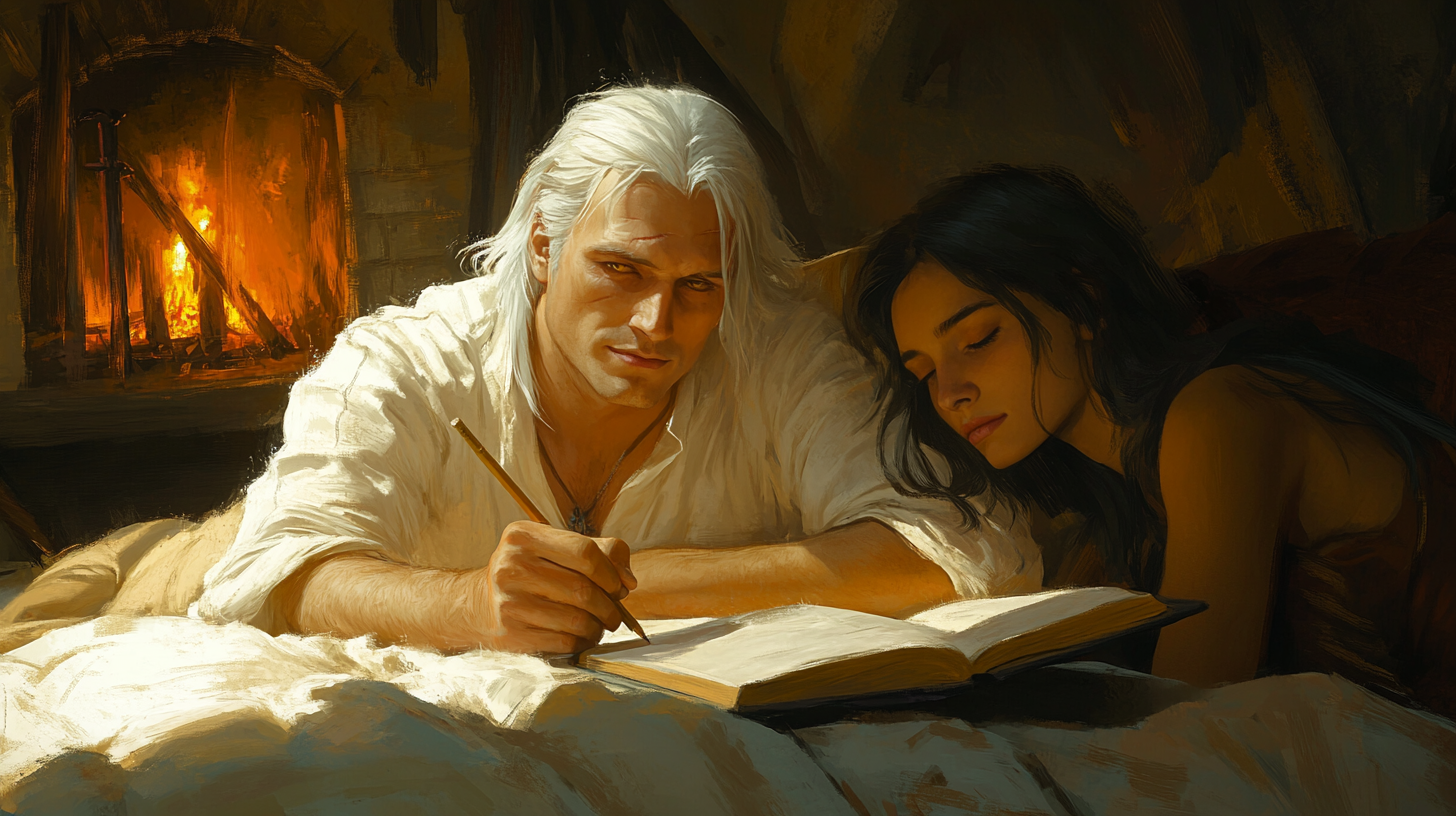 The Witcher-Like Man Sketching Beside Woman in Inn