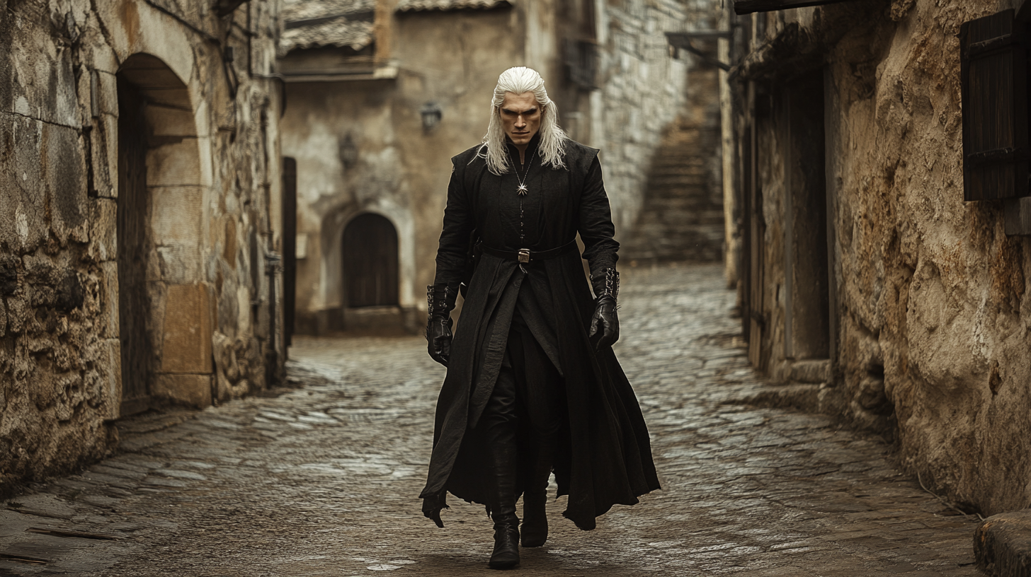 The Witcher-Like Man Strolls in Medieval Street