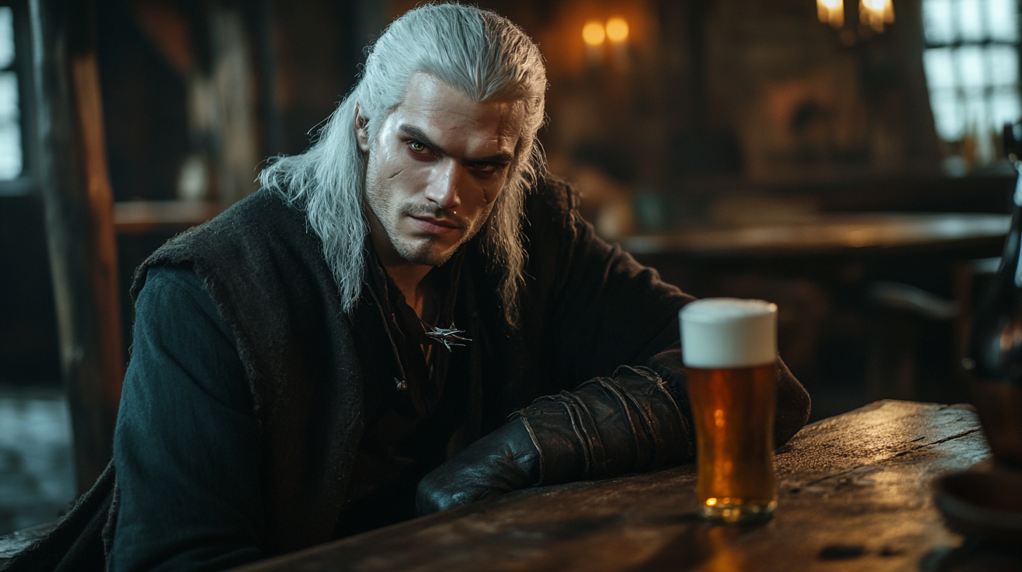 The Witcher-Like Young Man Enjoying Beer in Tavern