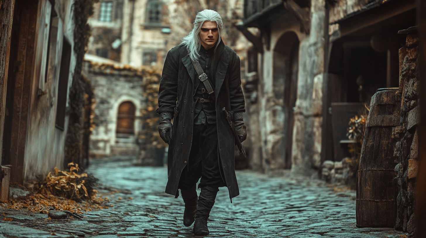 The Witcher Lookalike Strolling in Medieval Street