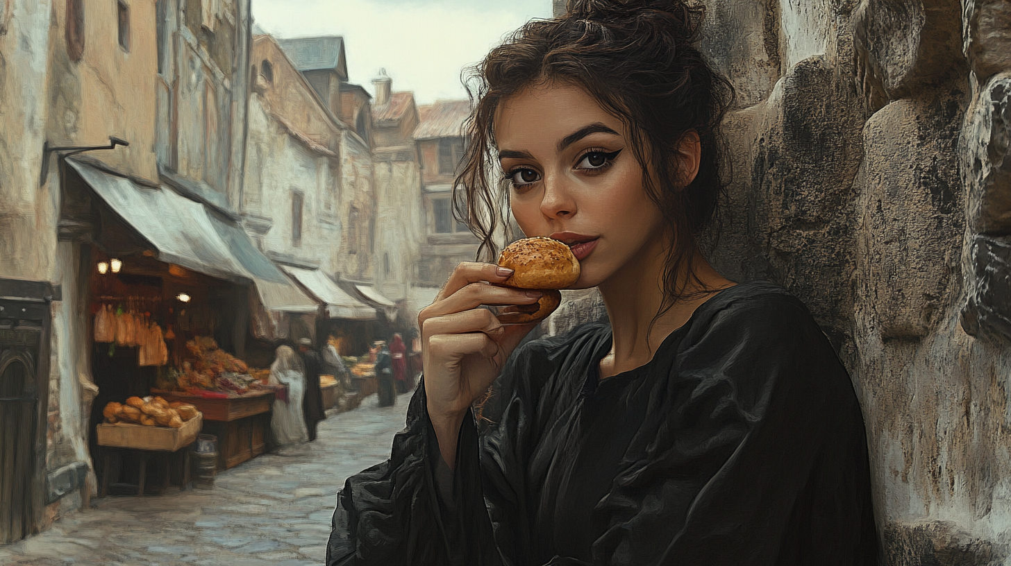 The Woman With Auburn Curls Eating Bun