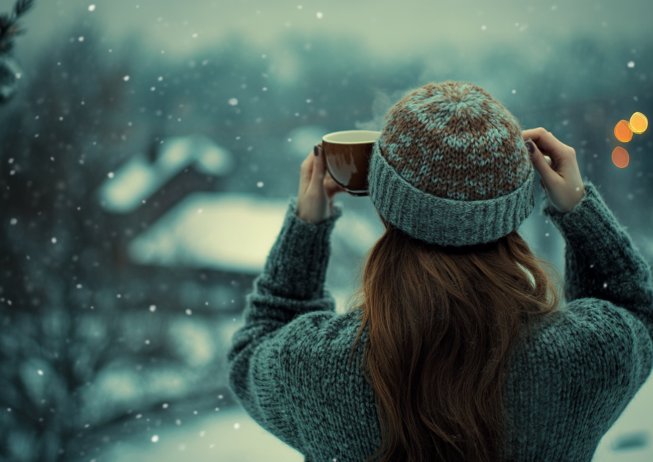 The Woman in Winter Enjoying Tea Happily