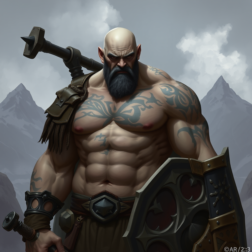 The Young, Bald, Tattooed Barbarian in Mountains