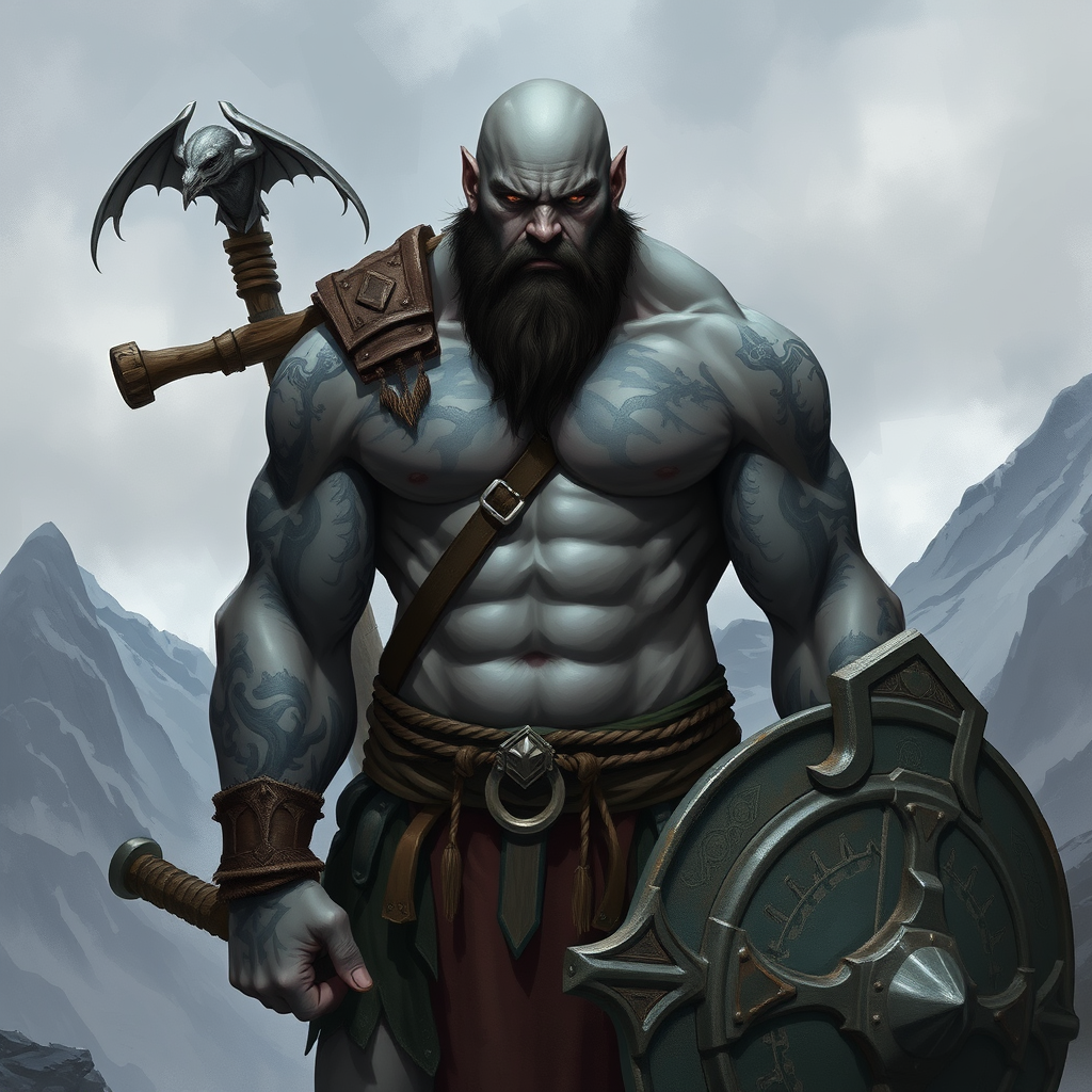 The Young, Bald, Tattooed Barbarian in Mountains