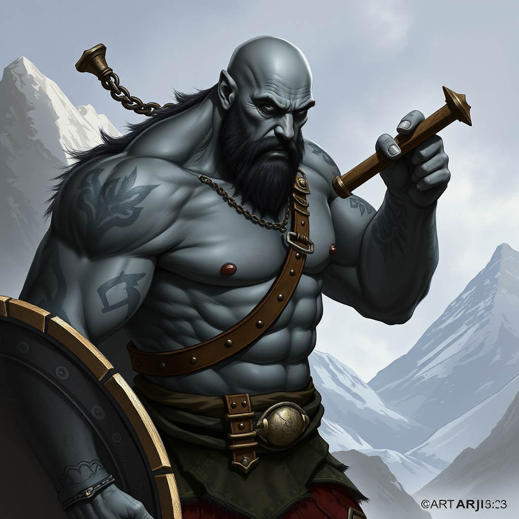 The Young Bald Barbarian in a Mountainous Landscape