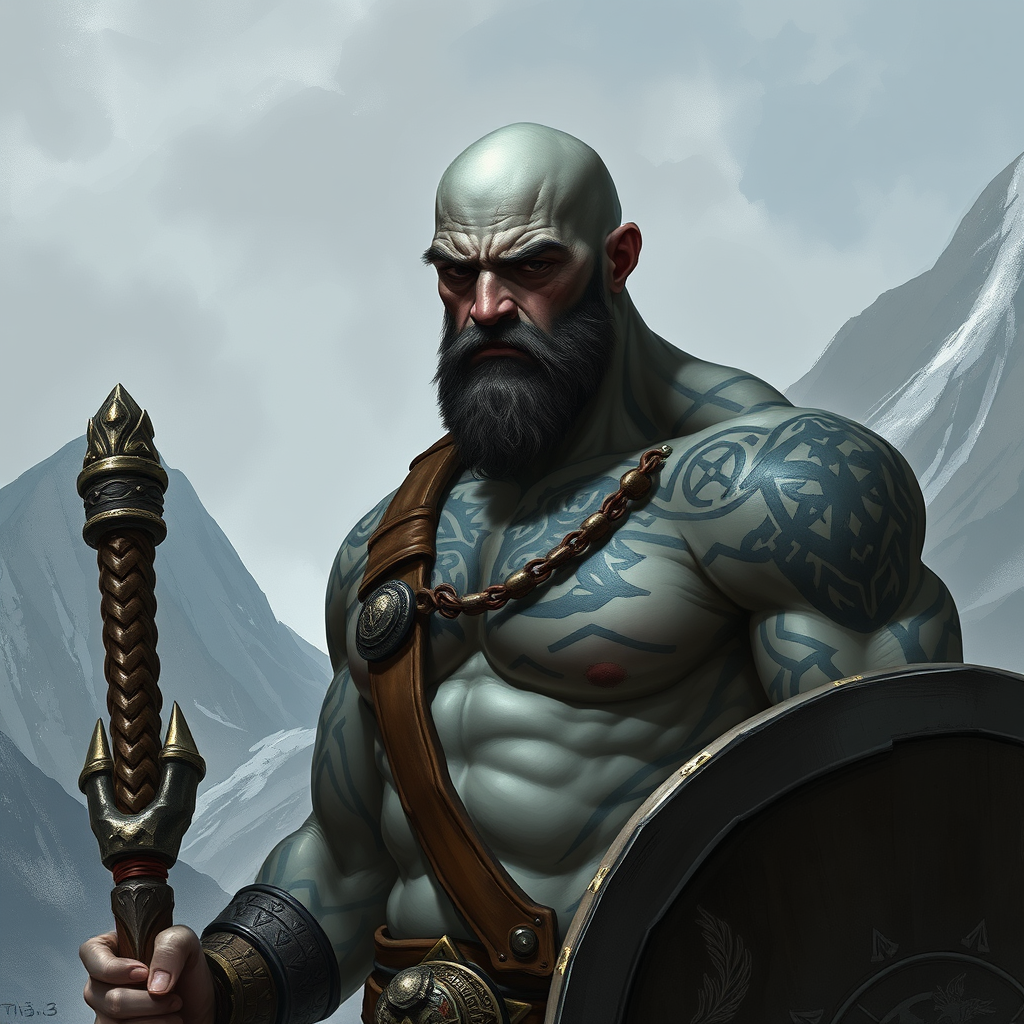 The Young Barbarian, Goliath, in Mountainous Fantasy Landscape