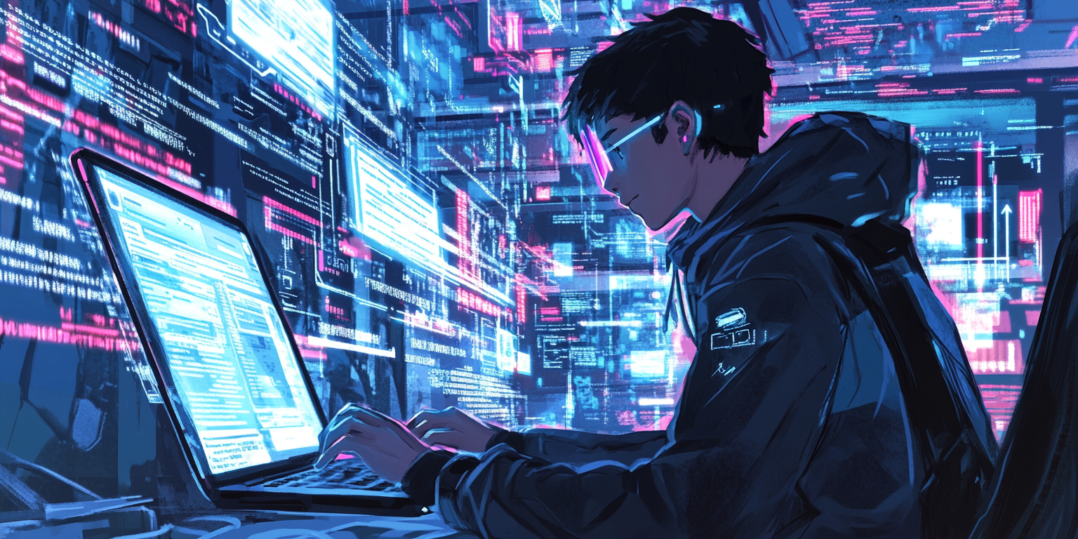 The Young Programmer in Futuristic Digital Workspace