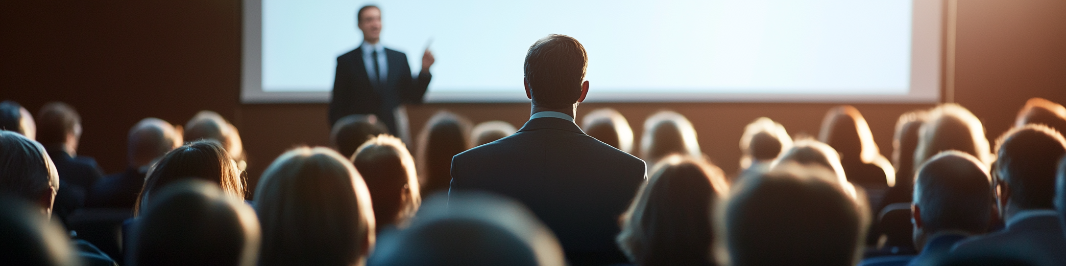 The audience in suits listening to presentation.