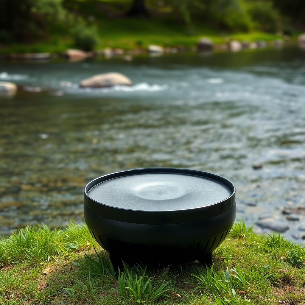 The beautiful black handpan drum by the river.