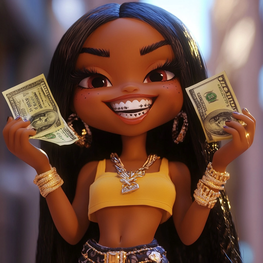 The beautiful smiling black Bratz doll with cash