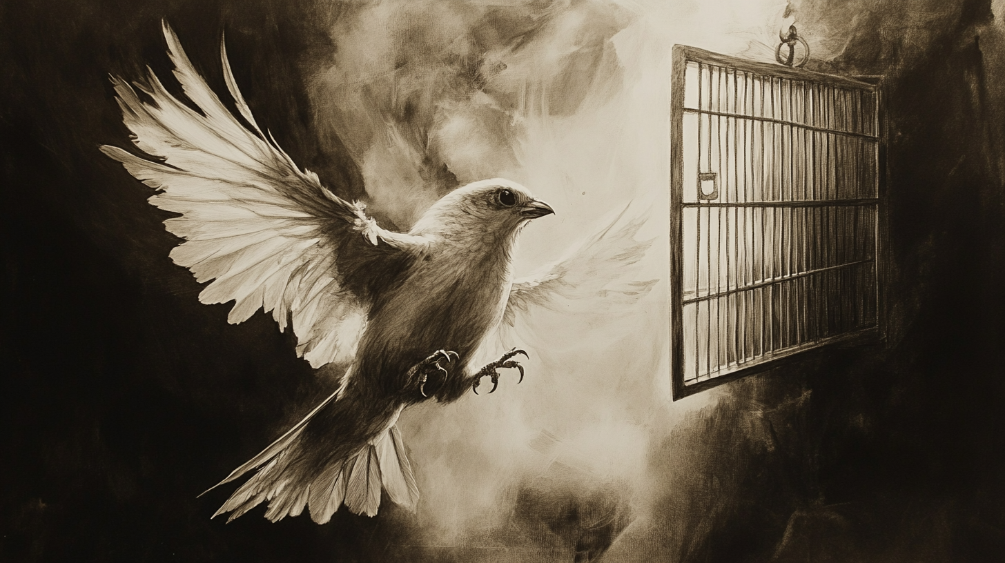 The caged bird flying towards freedom