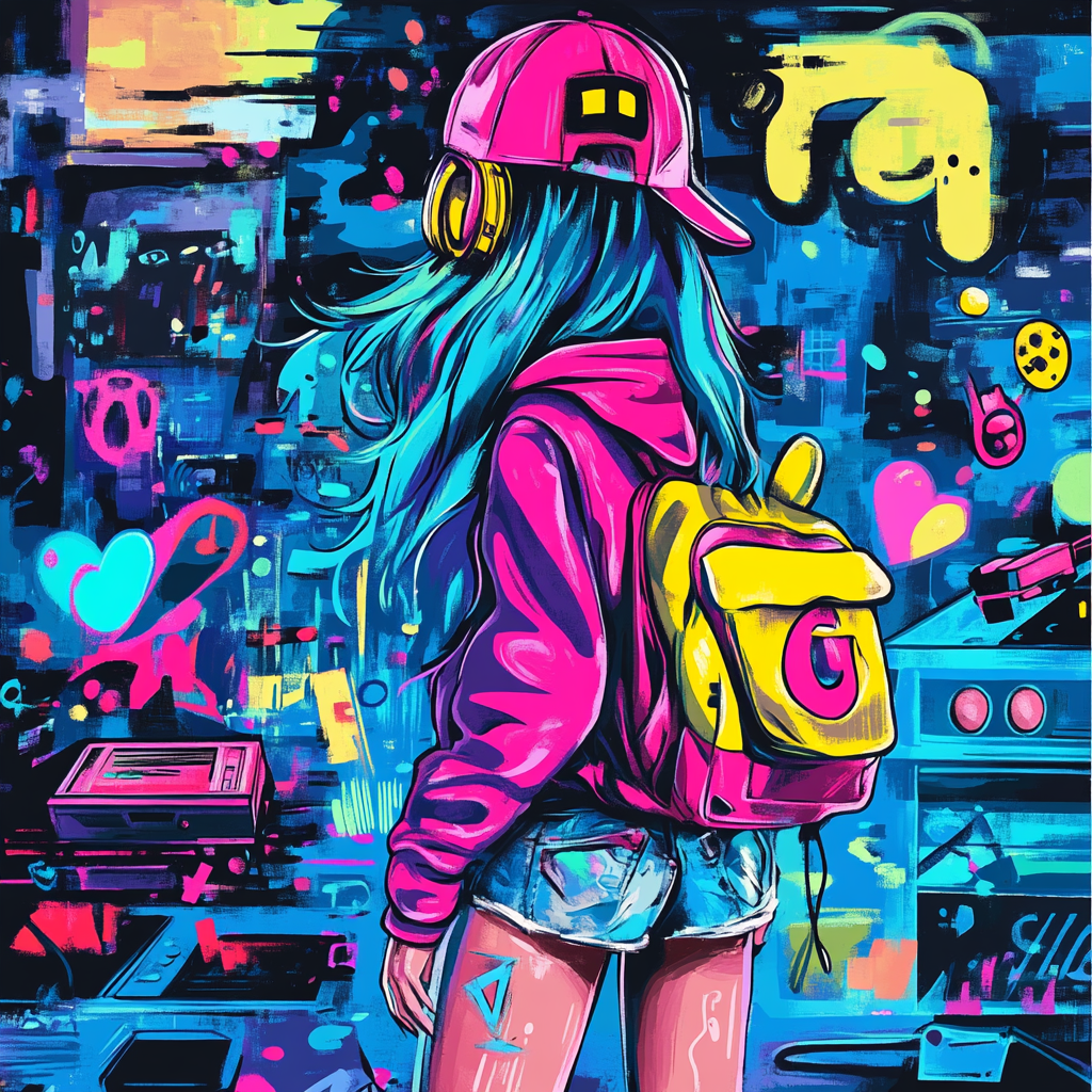 The colorful city artwork with 90s pop culture