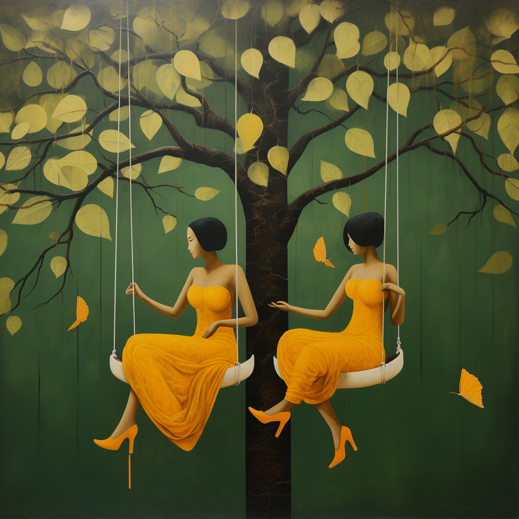 The colorful painting of two girls on swing