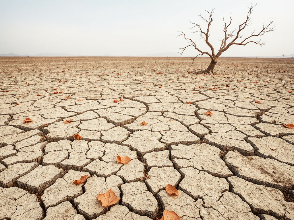 The dry, cracked desert with dead tree.