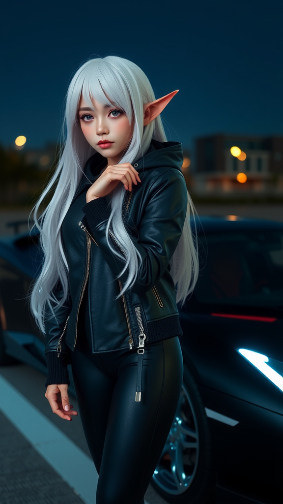 The elf girl in leather jacket near Lamborghini.