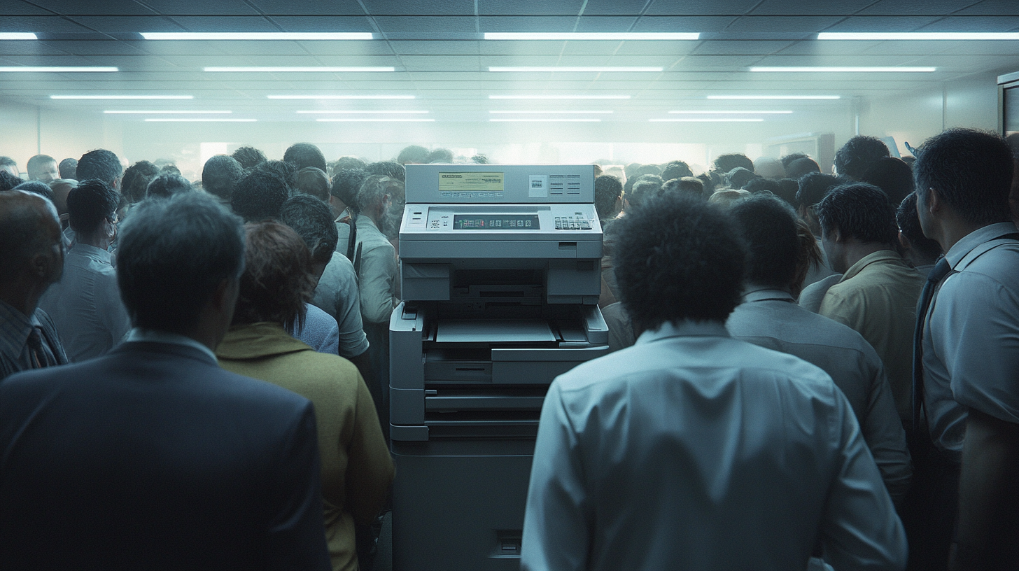 The exhausted office workers inside a crowded room