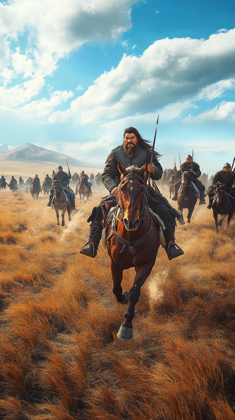 The fearless Genghis Khan leading his horsemen to victory.