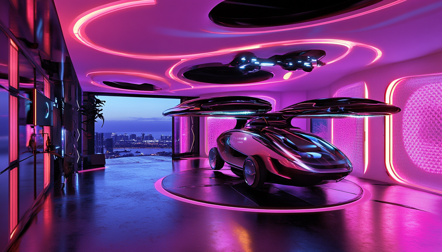 The futuristic living space with neon lights and vehicles