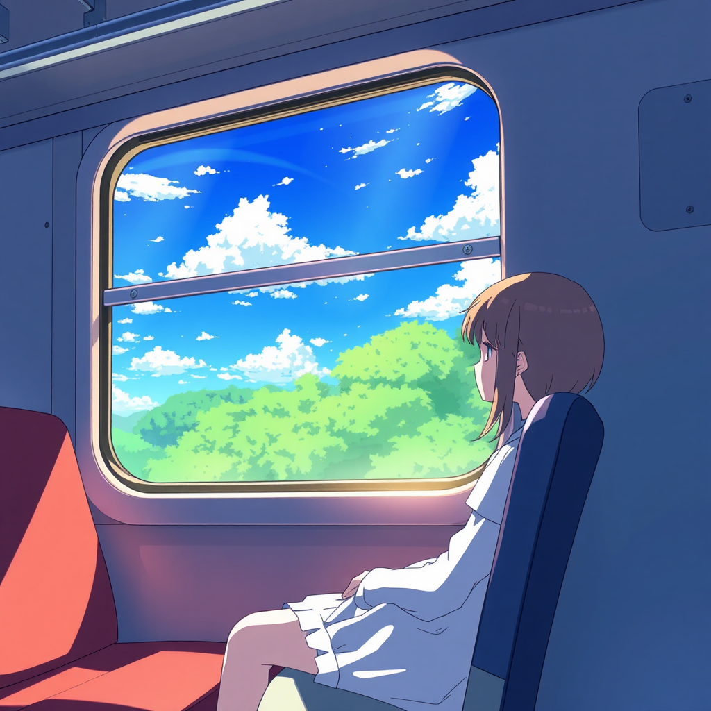 The girl sitting on train watching outside