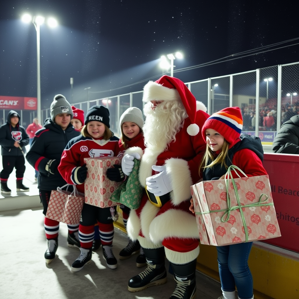 The hockey team gives gifts to Santa.