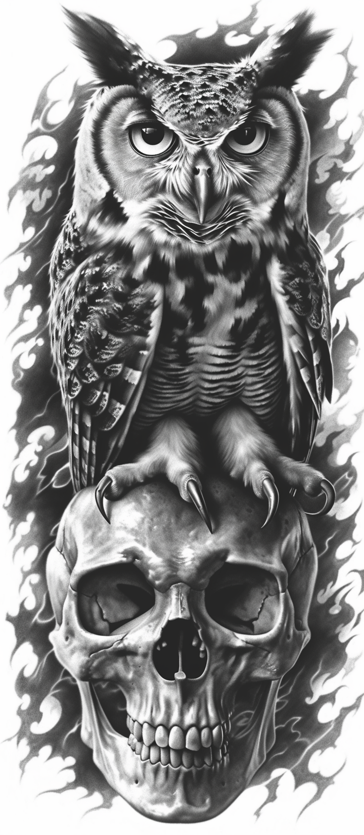 The hyperrealistic owl attack on skull tattoo design