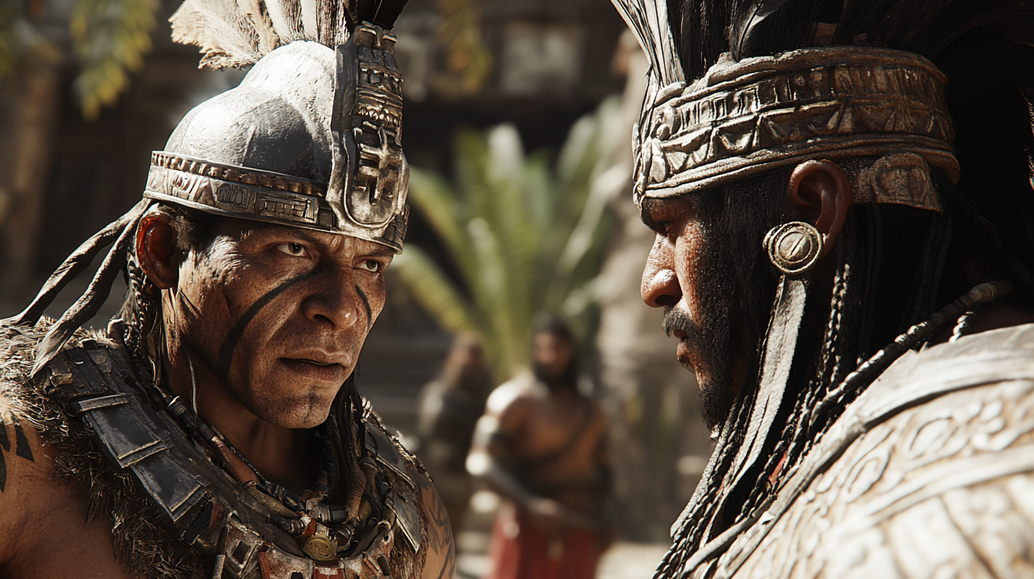 The imposing Aztec priest gazes at wounded leader.