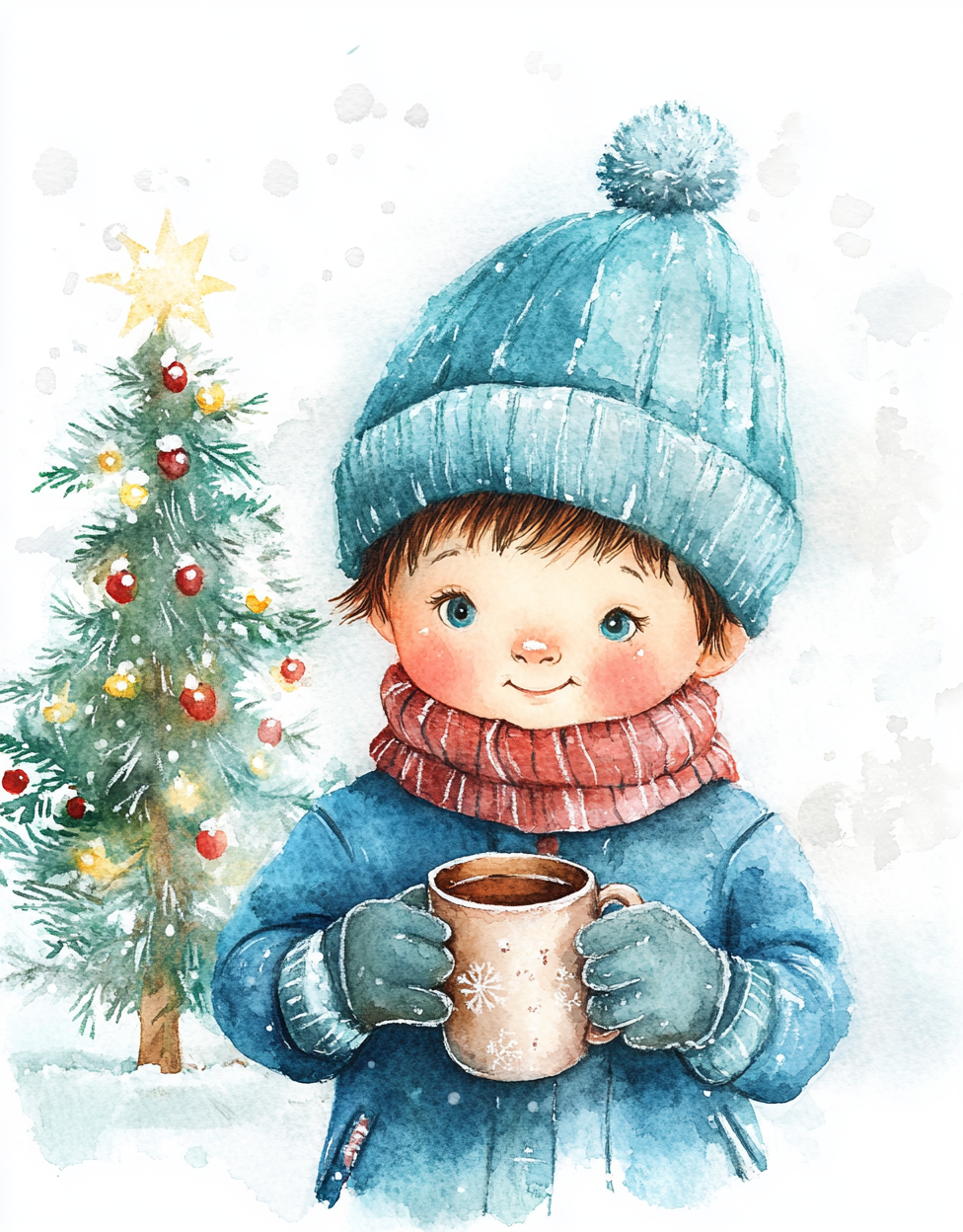 The little boy holds winter-themed painting