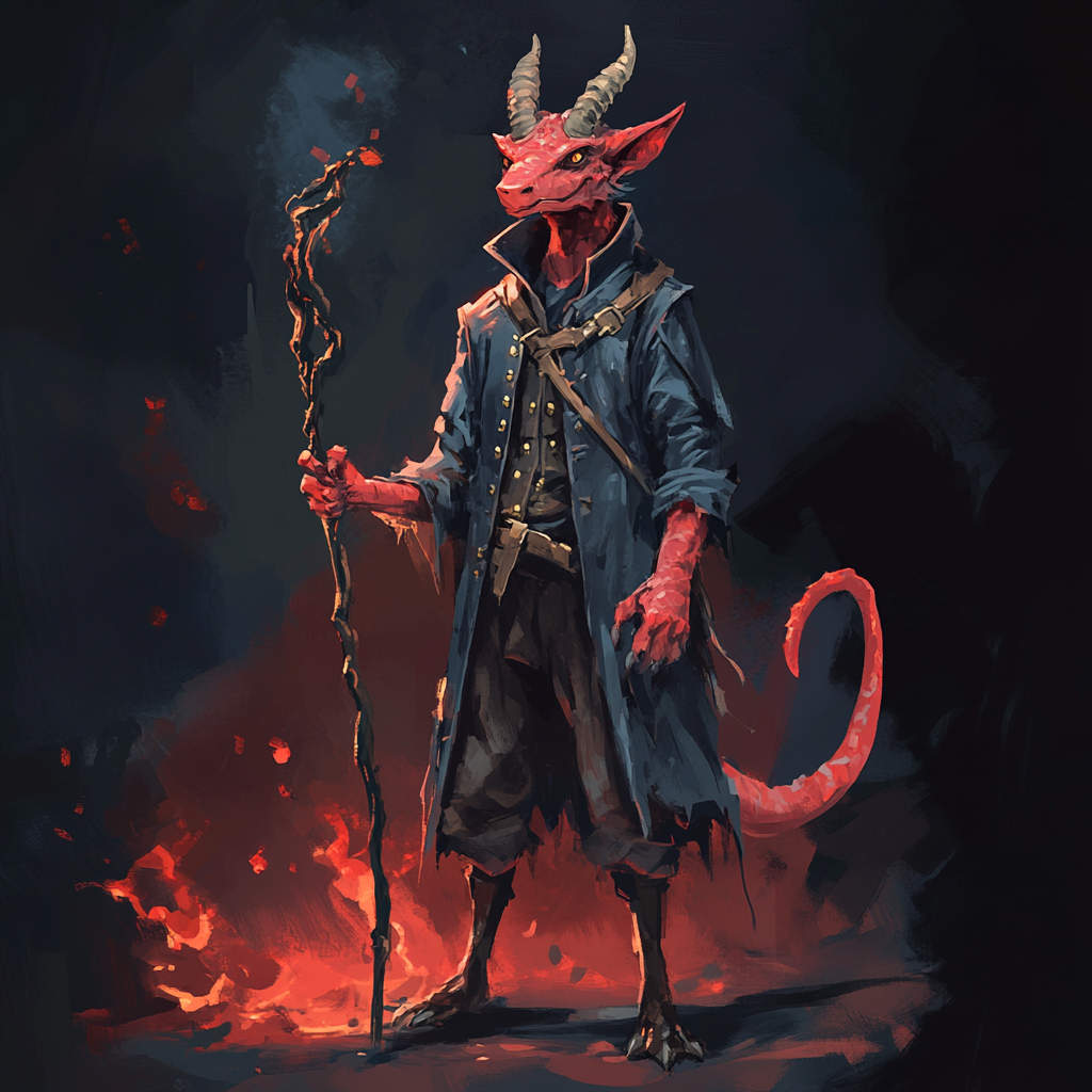 The mischievous red kobold boy in captain's jacket.