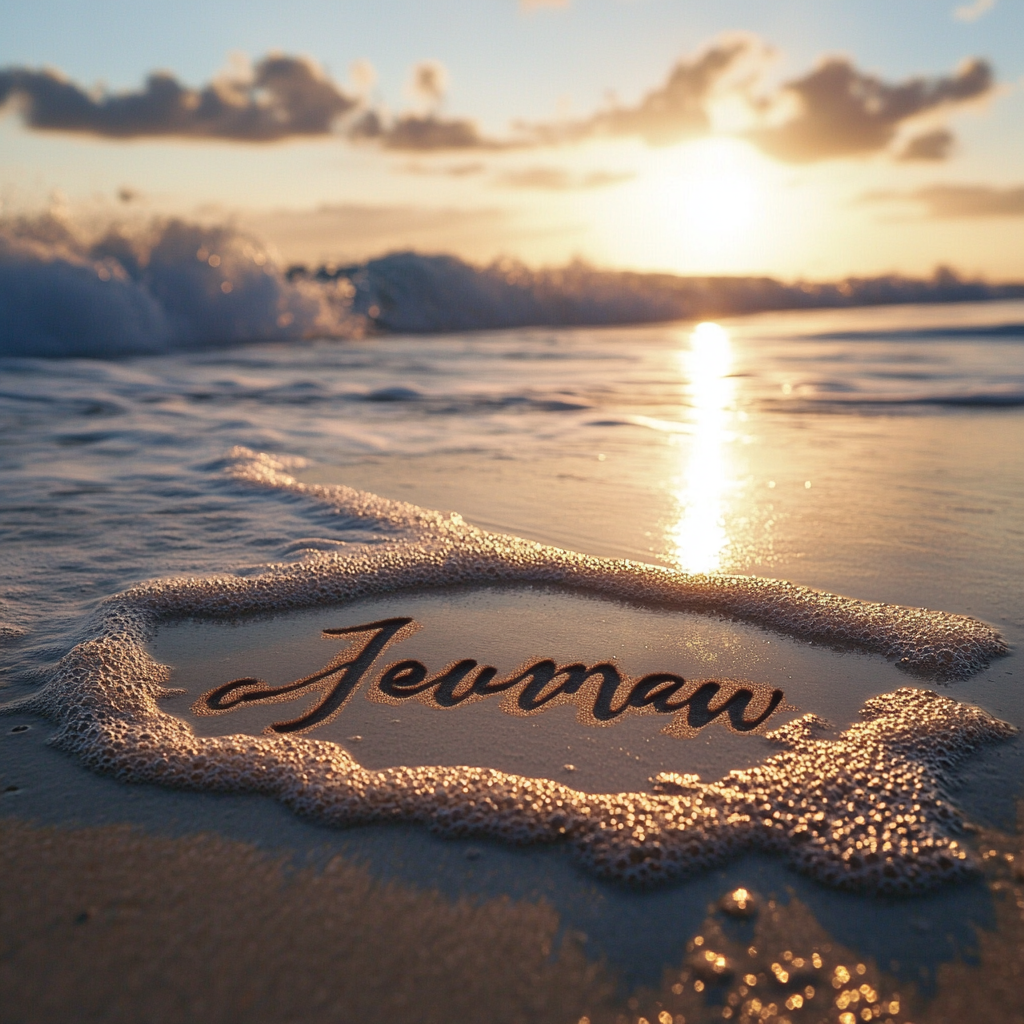 The name Jenny inscribed in sand on a beach.