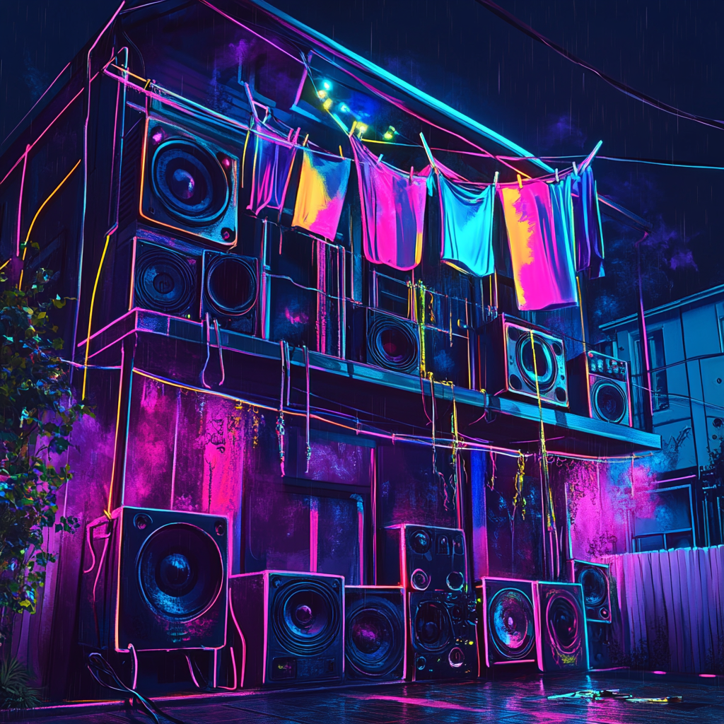 The neon party house with melting speakers scene.