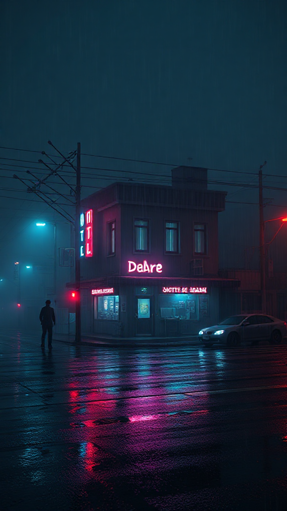 The person and car outside hotel at night