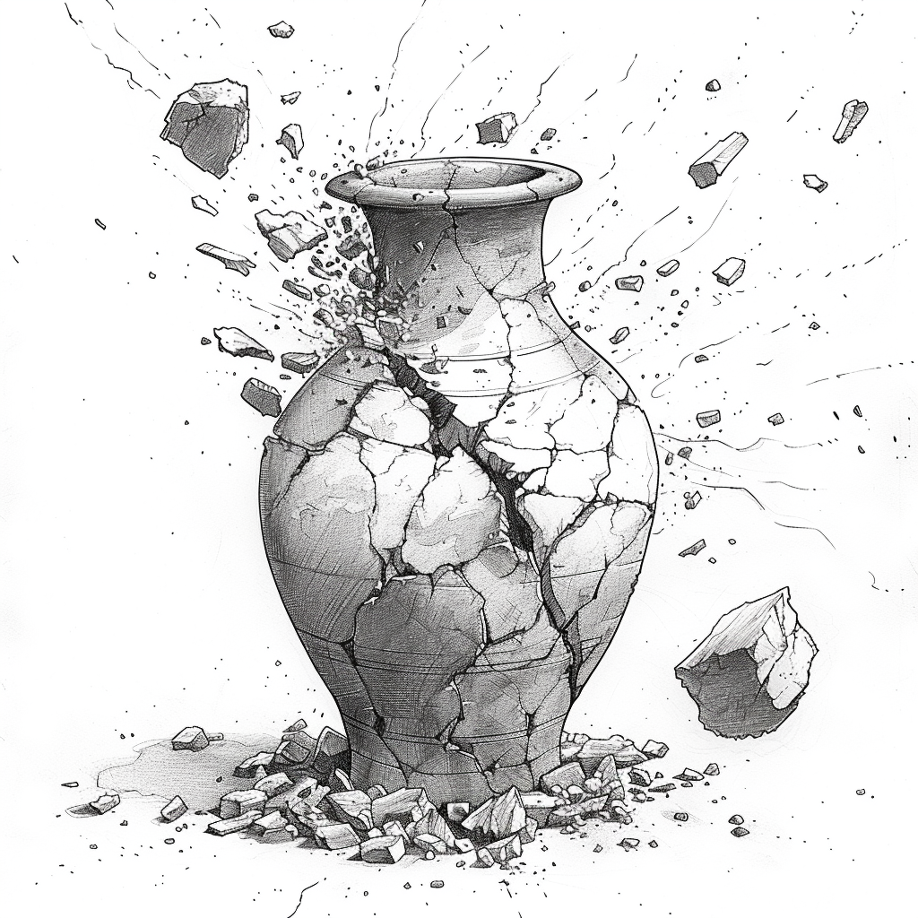 The shattered ancient pot in pencil sketch style