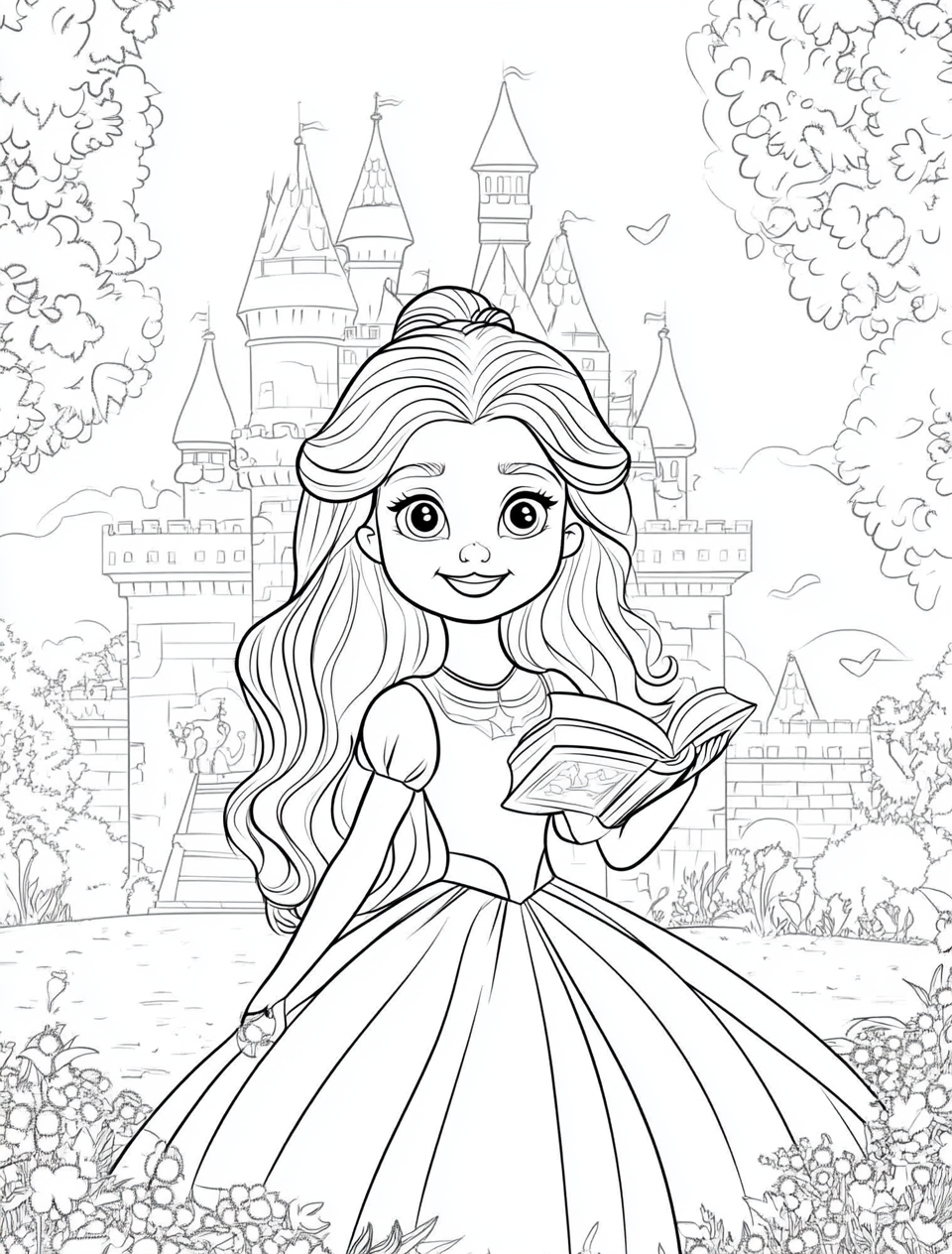 Coloring Book of a smiling princess with sparkly eyes at castle