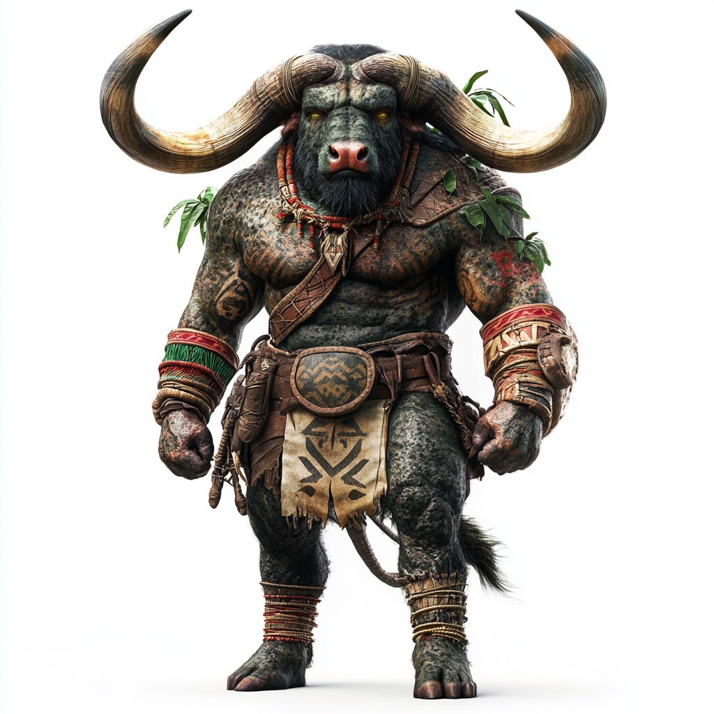 The strong water-buffalo minotaur in jungle gear.