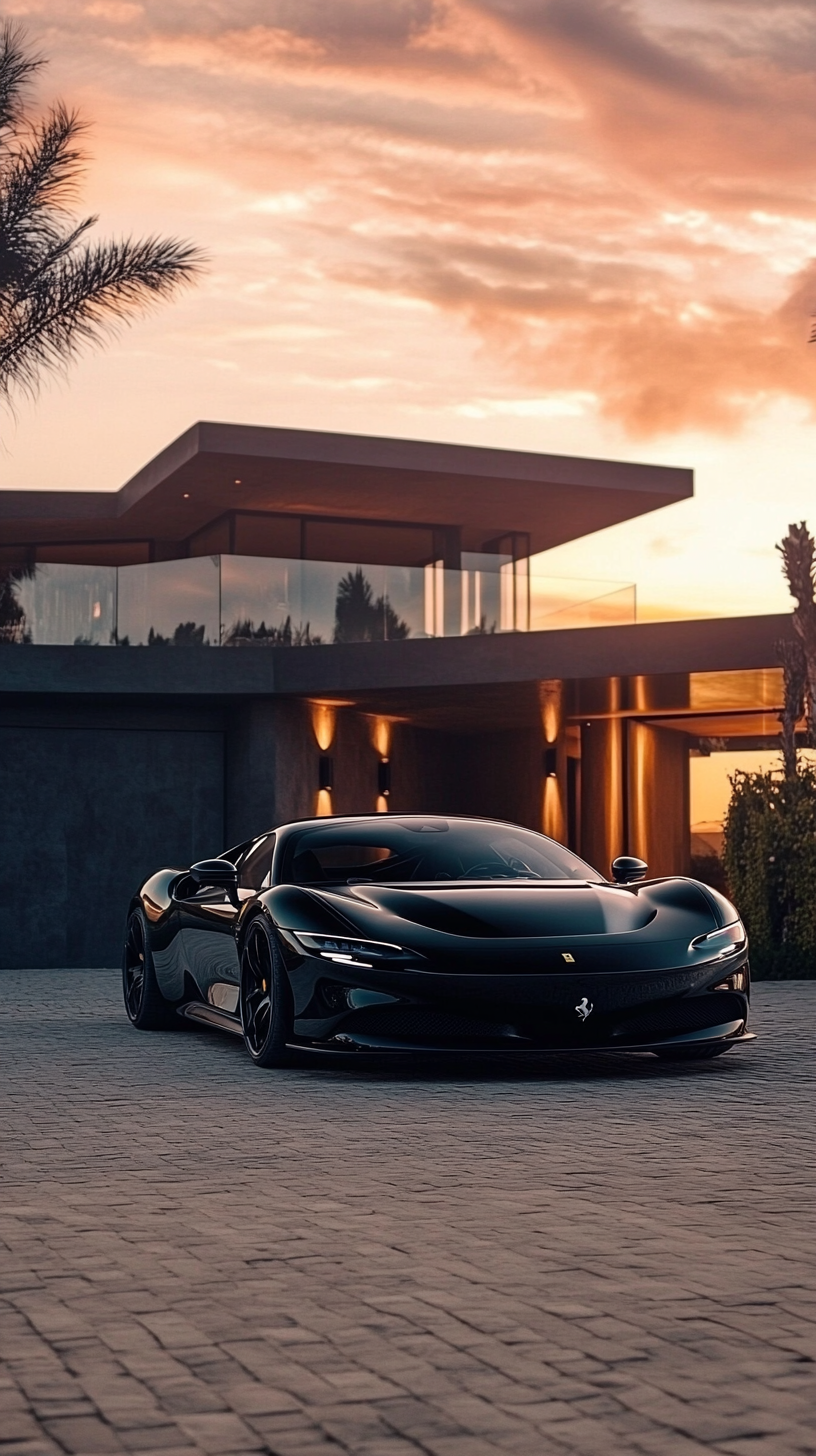 The stunning black Ferrari next to a modern house at sunset