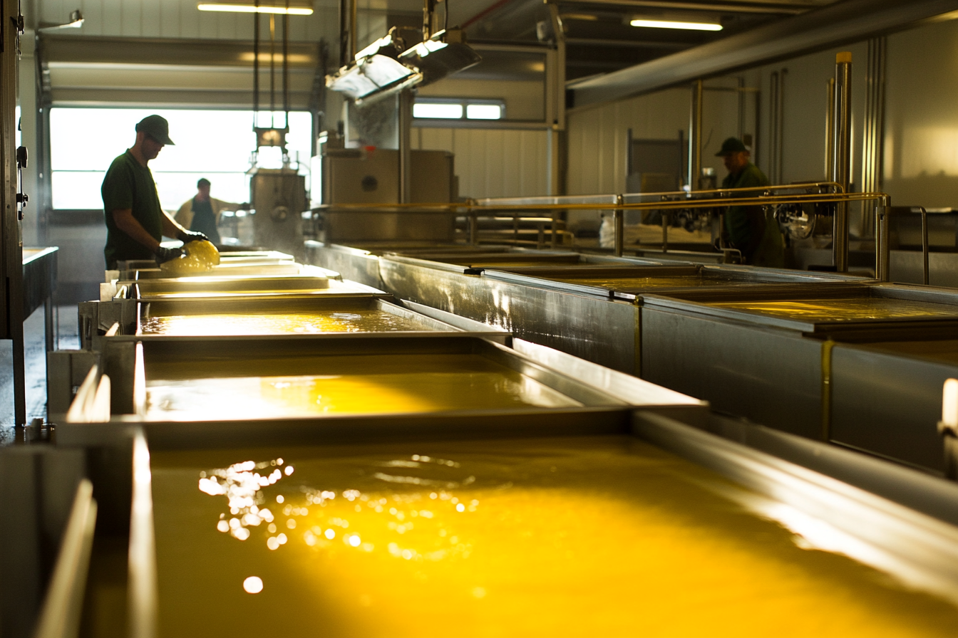 The workers watch oil extraction from olive paste.