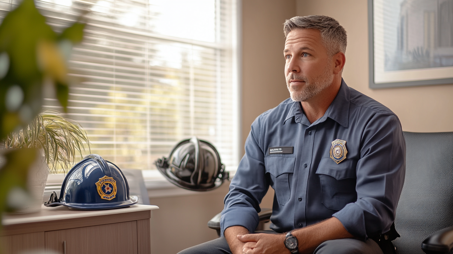 Therapist in office with firefighter's helmet and police badge