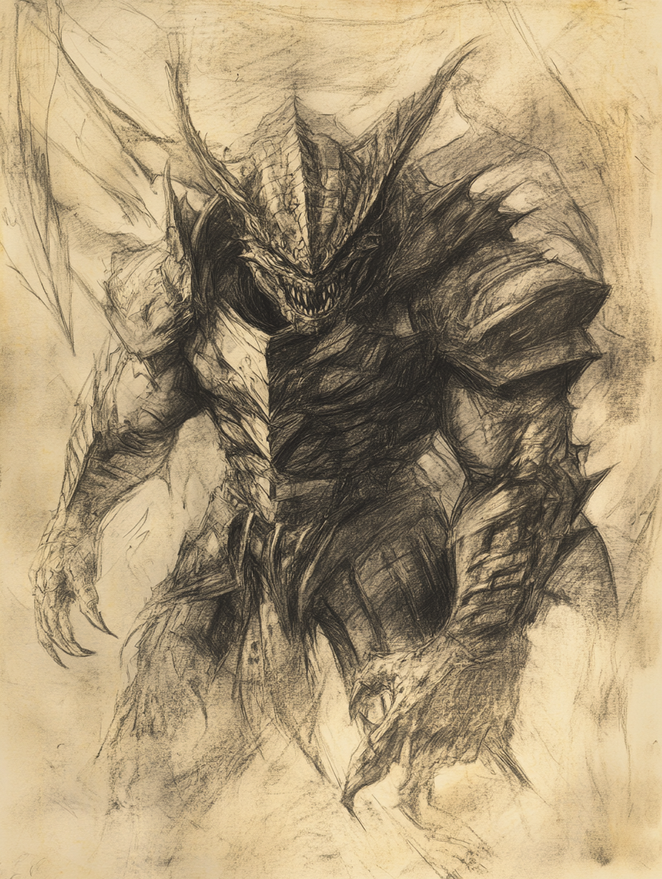 Thick, jagged sketch of menacing, powerful demonic figure.