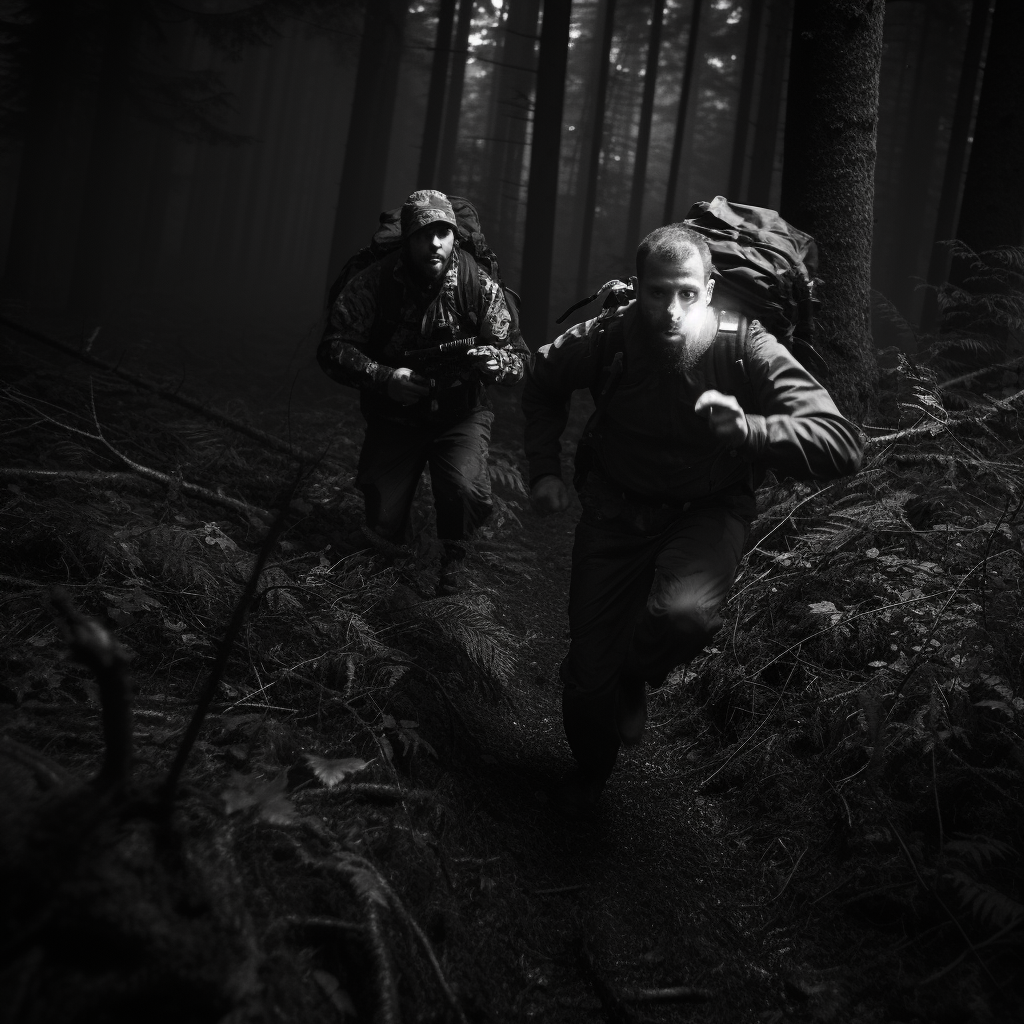 Thick and thin men run in dark forest scene.