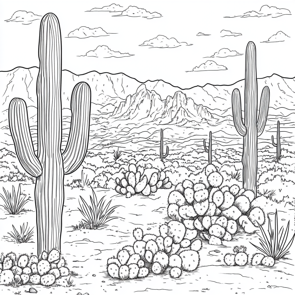 Thick line coloring page of dreamlike cacti and trees.