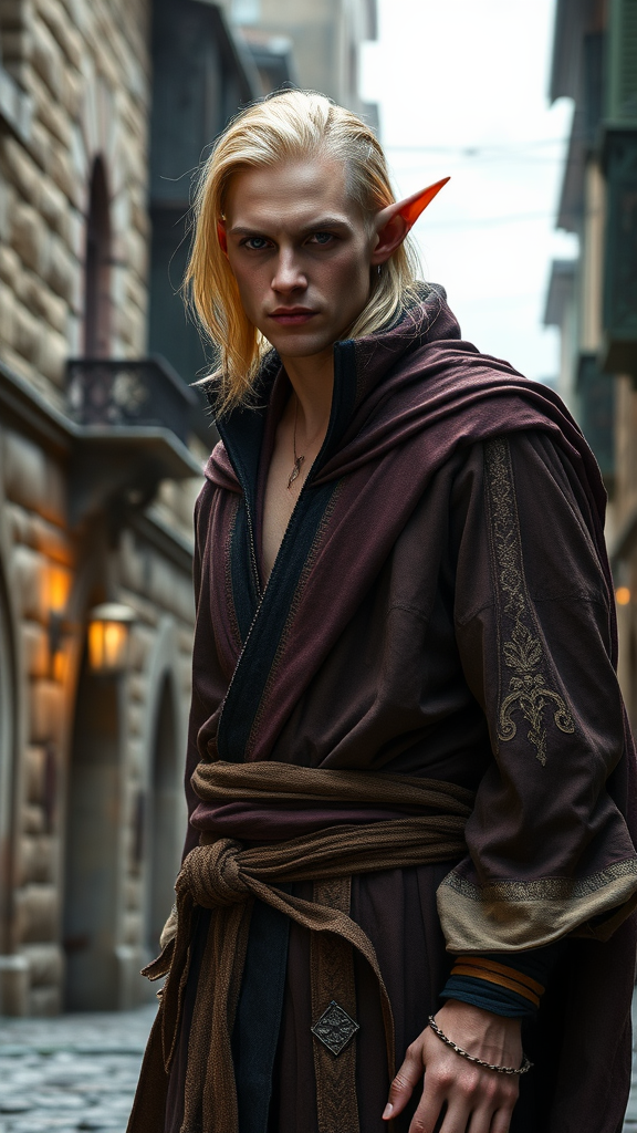 Thin Blonde Tiefling Mage on Medieval City Street