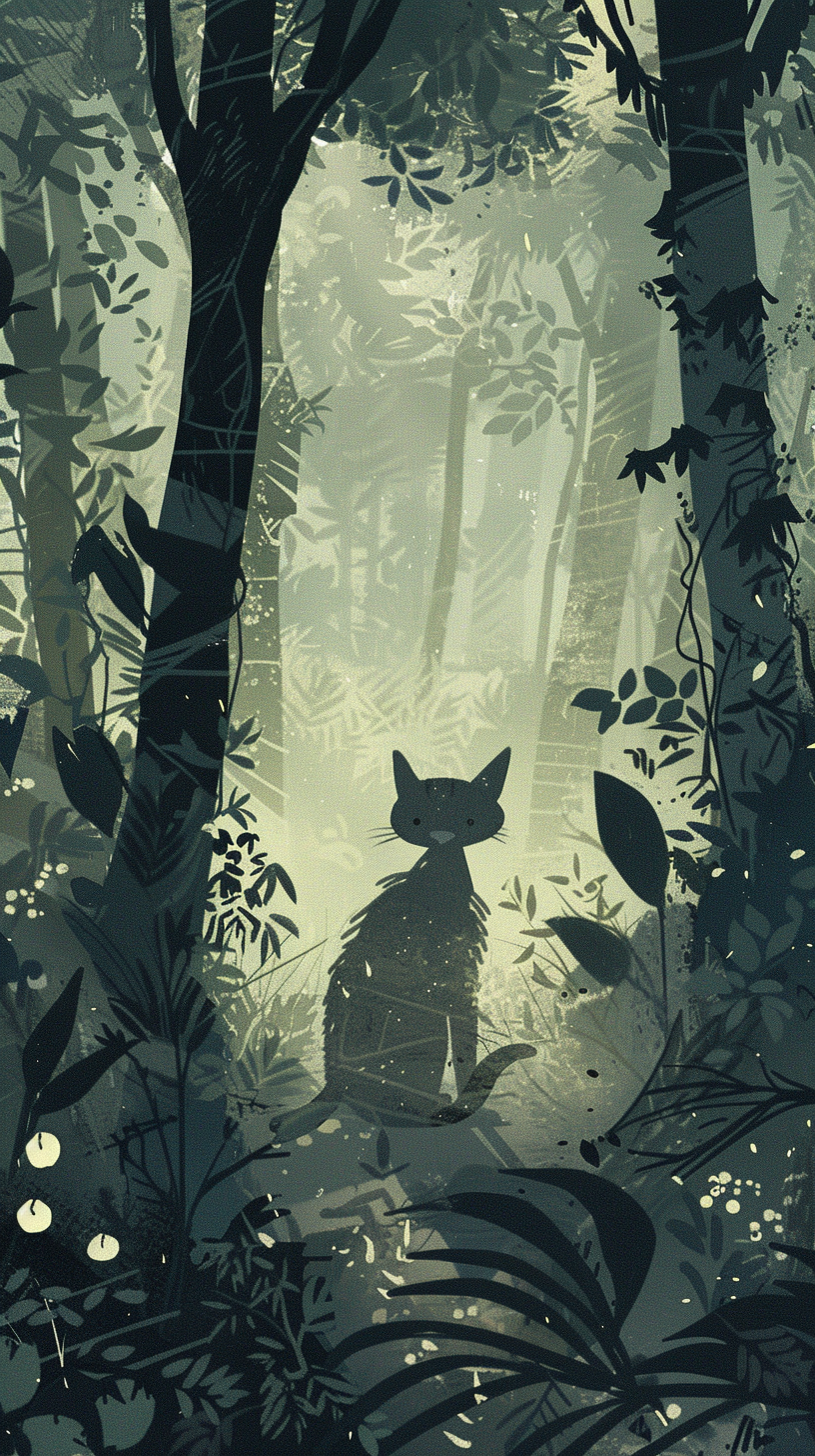 Thin Cat in Jungle, Fearful Eyes, Cartoon Style