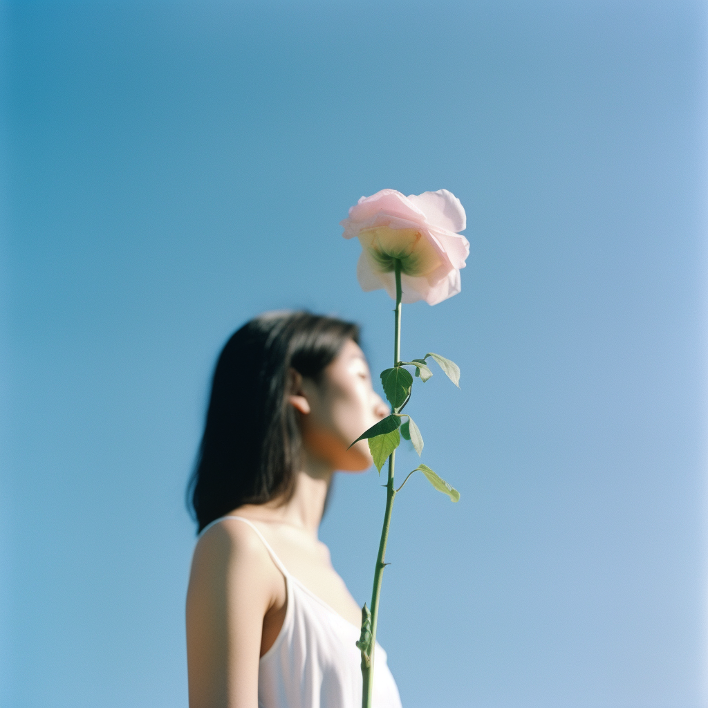 Thin green stem, soft pink flower, girl inside.